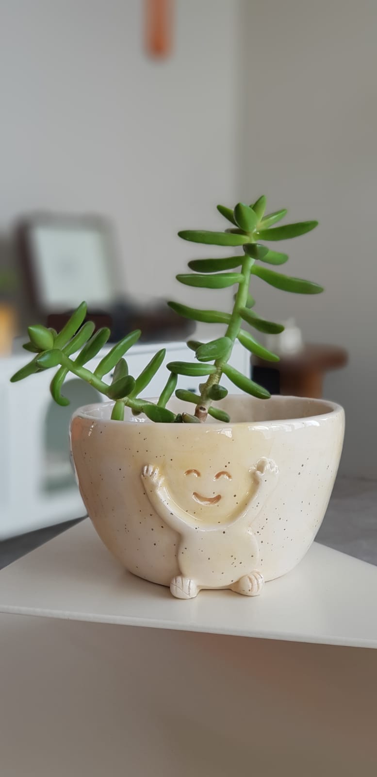 Cheerful ceramic planter with arms raised in triumph, a symbol of growth and joy with its residing succulent.