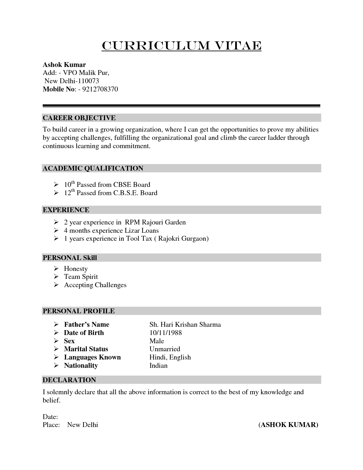 Samples Of Curriculum Vitae Pdf Fresh Graduate CV Sample Exemple CV 