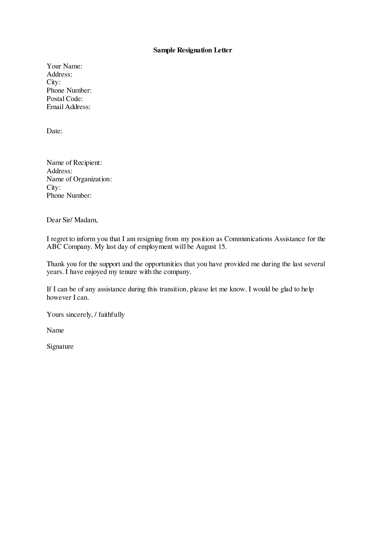 Pastor Resignation Letter Template PDF Template