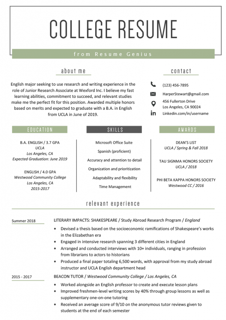 resume template for freshers college students
