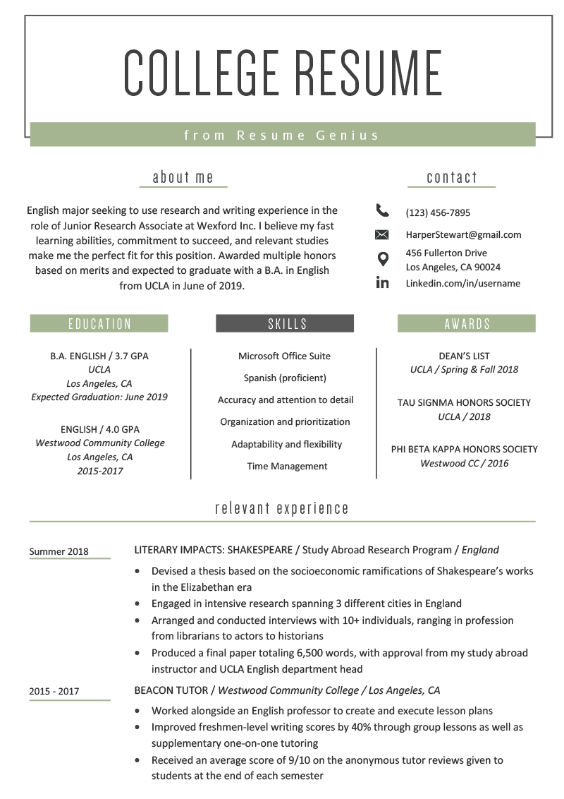 resume activity for college students